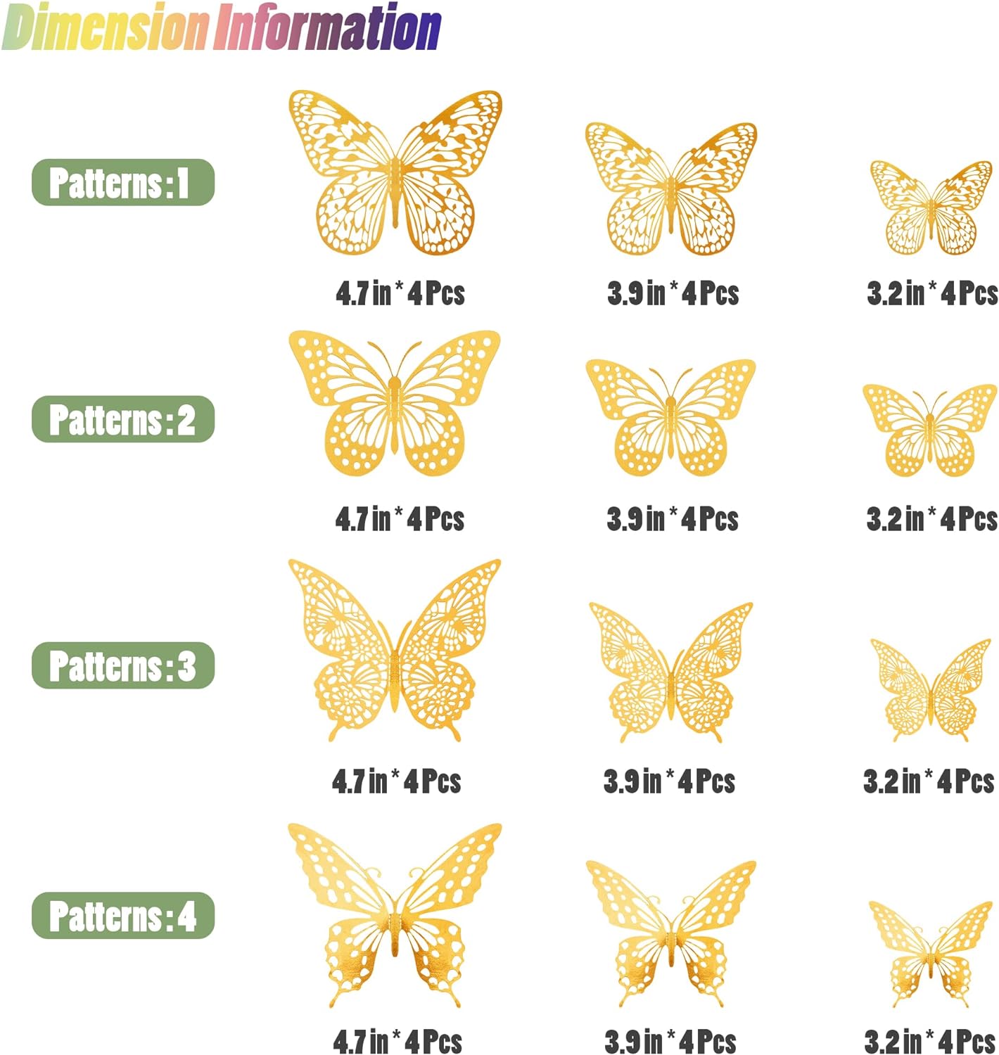 3D Gold Butterfly Wall Décor 48 Pcs 4 Styles 3 Sizes