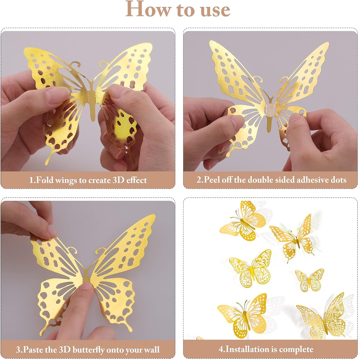 3D Gold Butterfly Wall Décor 48 Pcs 4 Styles 3 Sizes